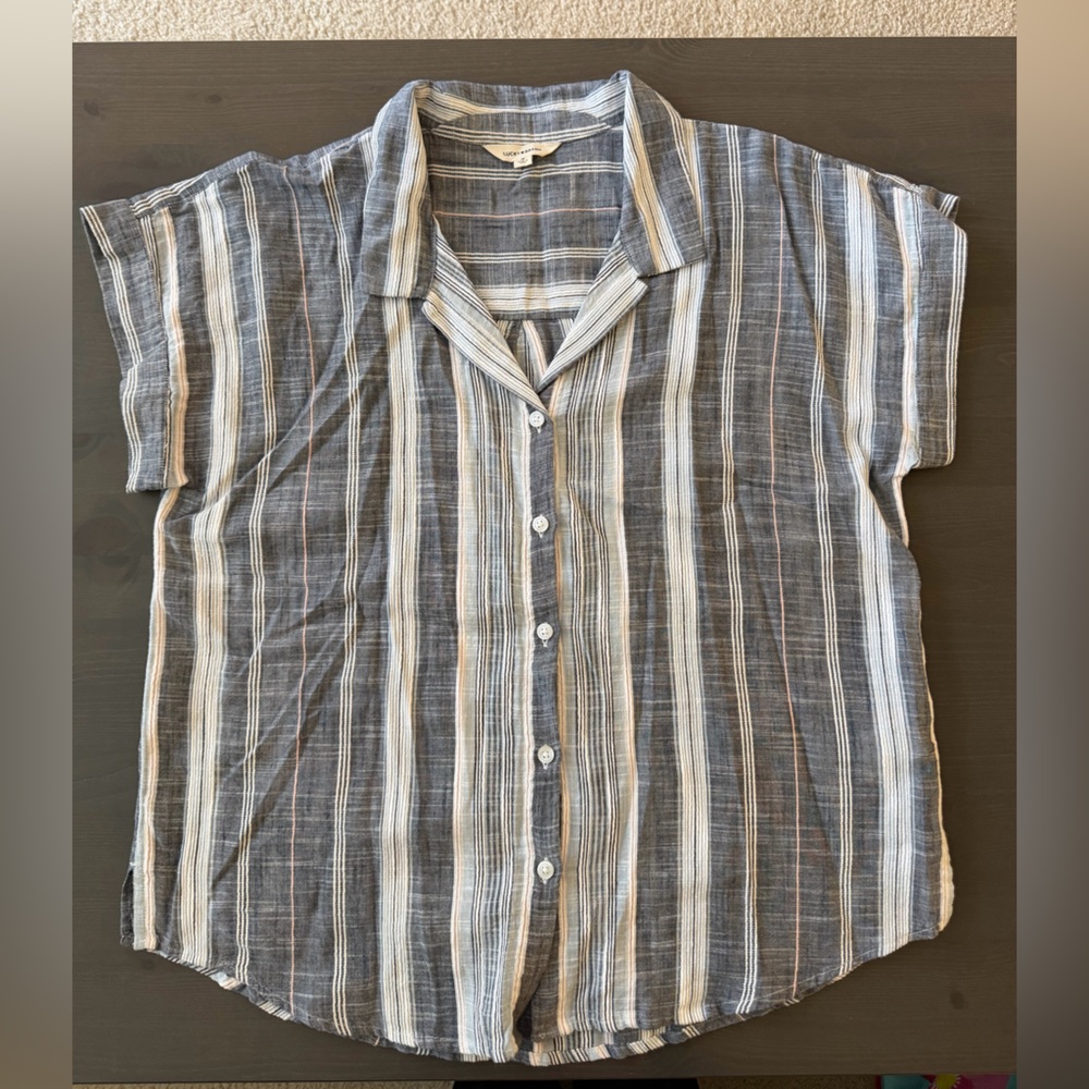 Lucky Brand Gray and White Striped Women's Button Down Shirt